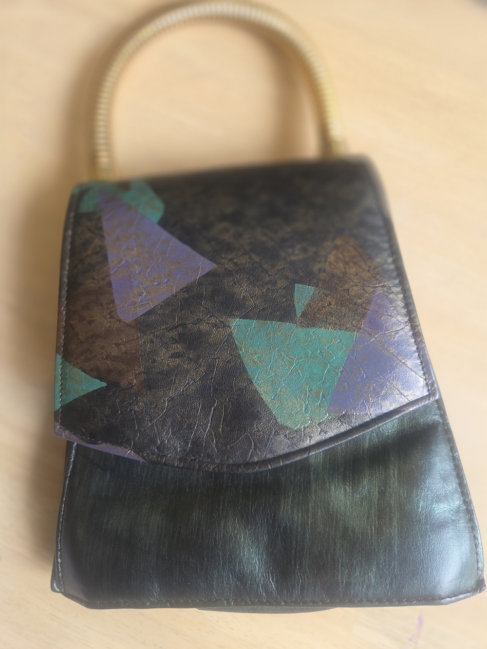 Vintage Black Leather Shoulder Bag with Teal & Purple Accent.  Eclectic handle